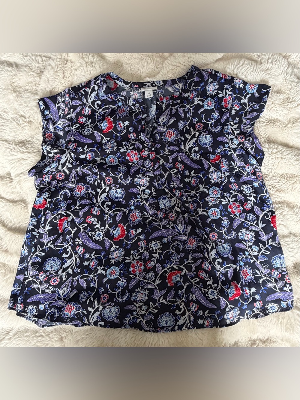 Liz Claiborne 2X Navy Floral Flutter Sleeve Blouse Lightweight Career Top